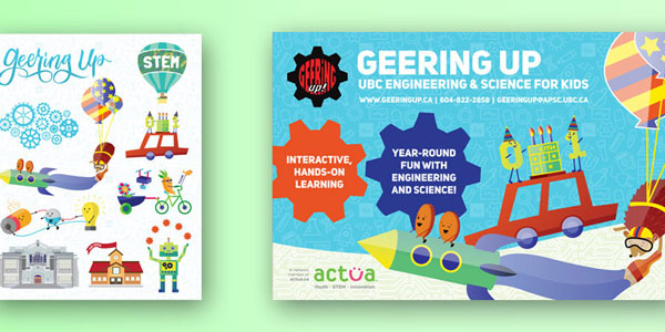 mockups of illustrations and postcard for STEM outreach organization