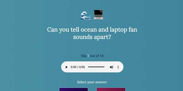 screenshot of ocean emoji, laptop emoji, text that says 'Can you tell ocean and laptop fan sounds apart?', and web audio player