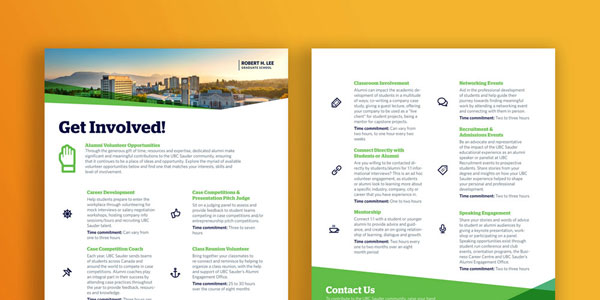 mockups of front and back of promotional flyer for a business school